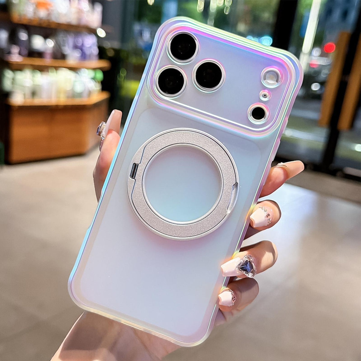 For iPhone 17 Pro Iris Mirror Magnetic Ring Holder Phone Case - White - EDA009929704A