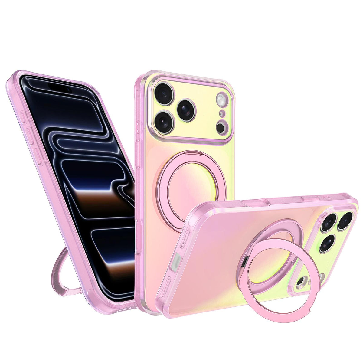 For iPhone 17 Pro Iris Mirror Magnetic Ring Holder Phone Case - Pink - EDA009929704C