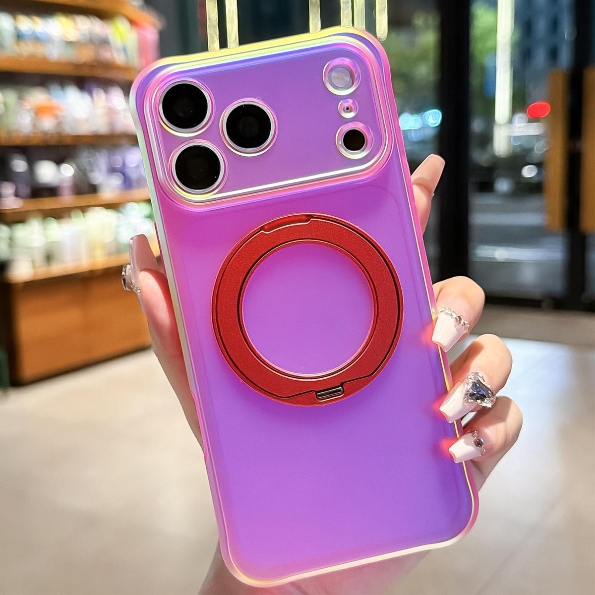 For iPhone 17 Pro Iris Mirror Magnetic Ring Holder Phone Case - Aurora Red - EDA009929704D