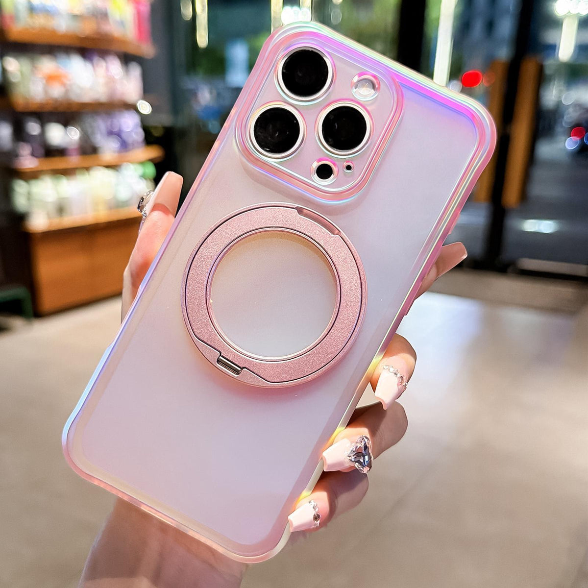 For iPhone 16 Pro Max Iris Mirror Magnetic Ring Holder Phone Case - Pink - EDA009929706C