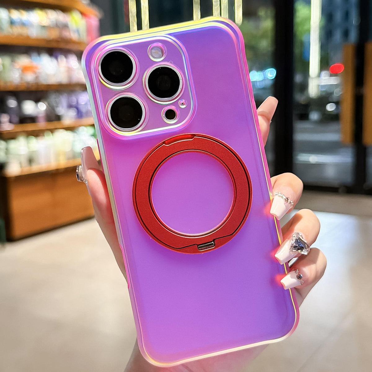 For iPhone 16 Pro Max Iris Mirror Magnetic Ring Holder Phone Case - Aurora Red - EDA009929706D