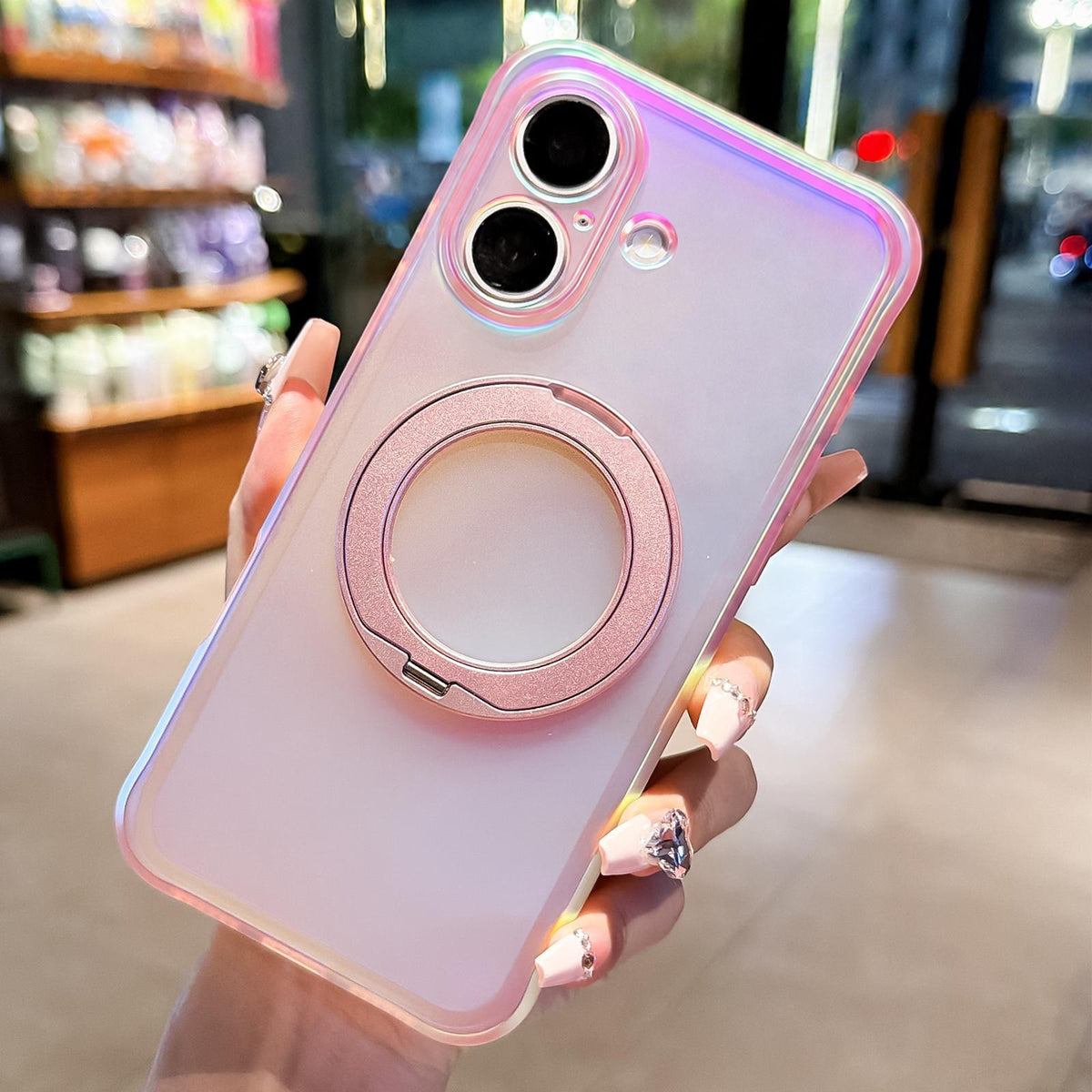 For iPhone 16 Iris Mirror Magnetic Ring Holder Phone Case - Pink - EDA009929708C
