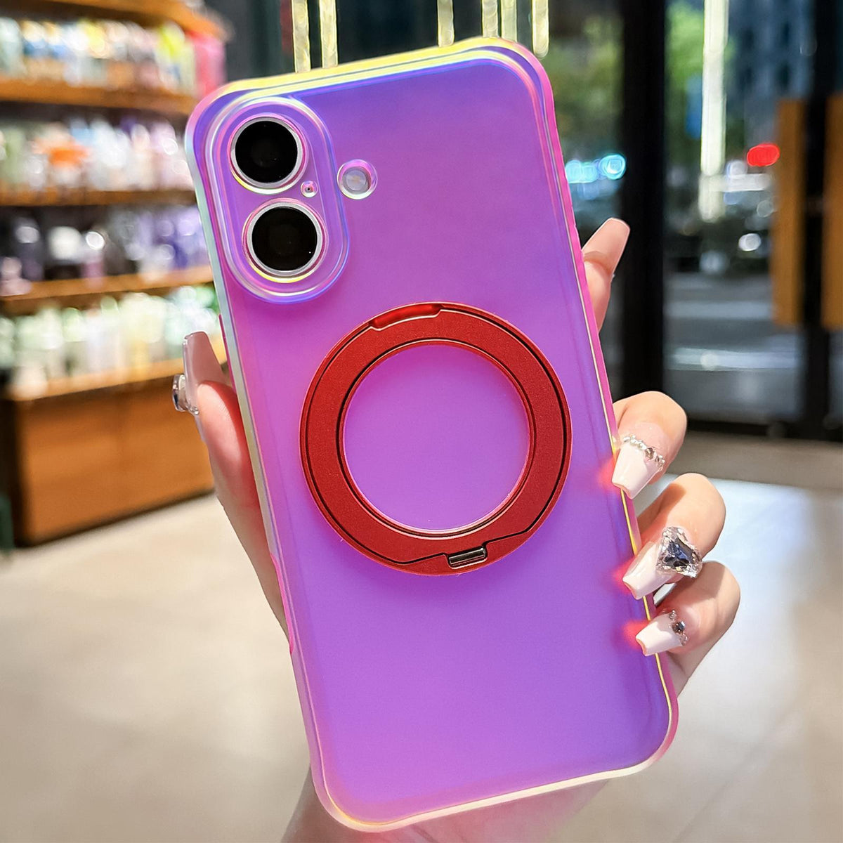 For iPhone 16 Iris Mirror Magnetic Ring Holder Phone Case - Aurora Red - EDA009929708D