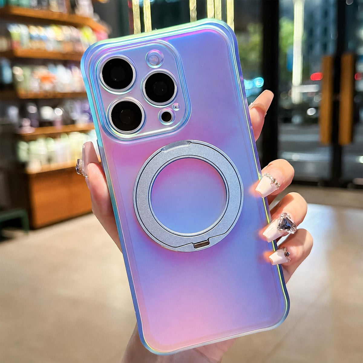 For iPhone 15 Pro Max Iris Mirror Magnetic Ring Holder Phone Case - Ice Blue - EDA009929709E