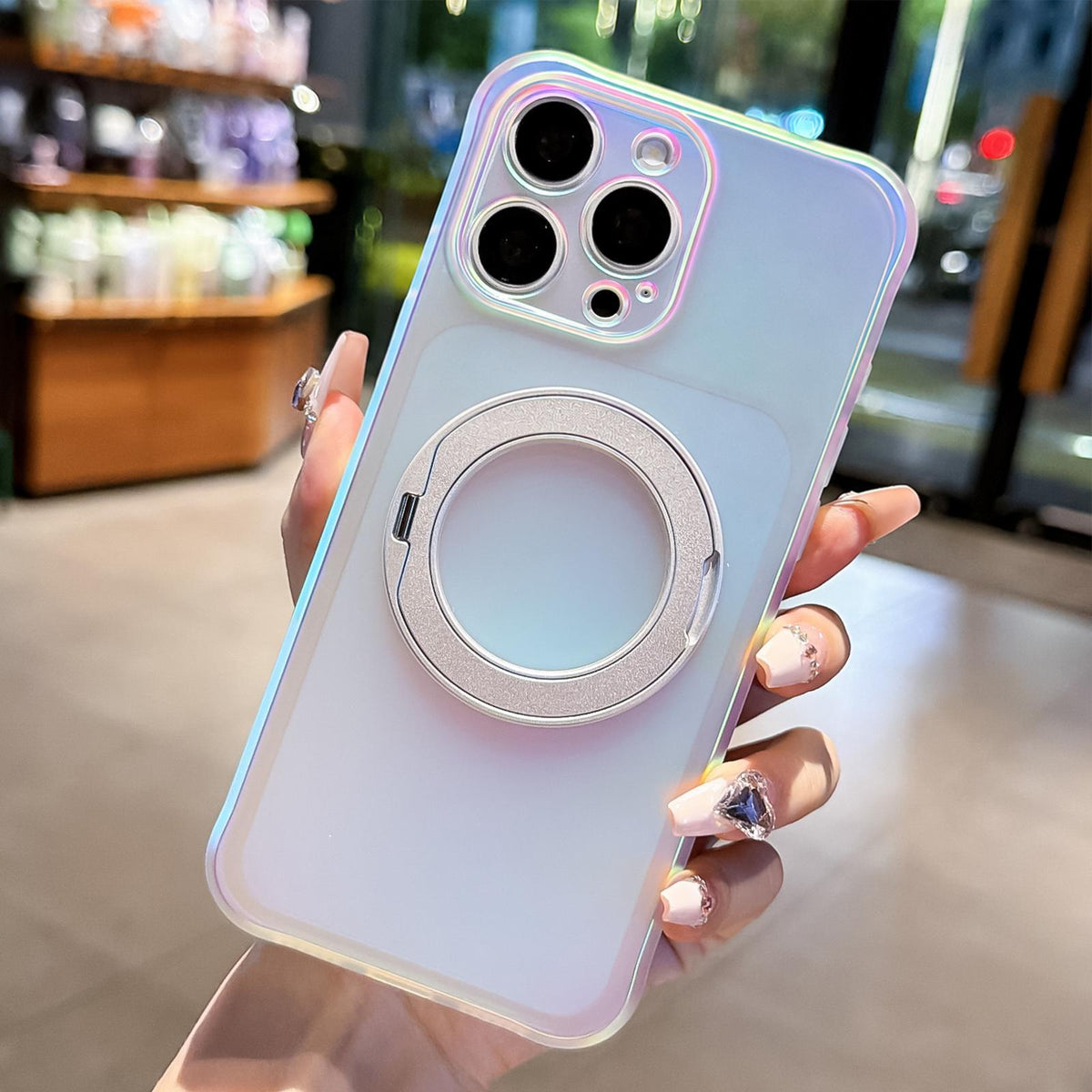 For iPhone 15 Pro Iris Mirror Magnetic Ring Holder Phone Case - White - EDA009929710A