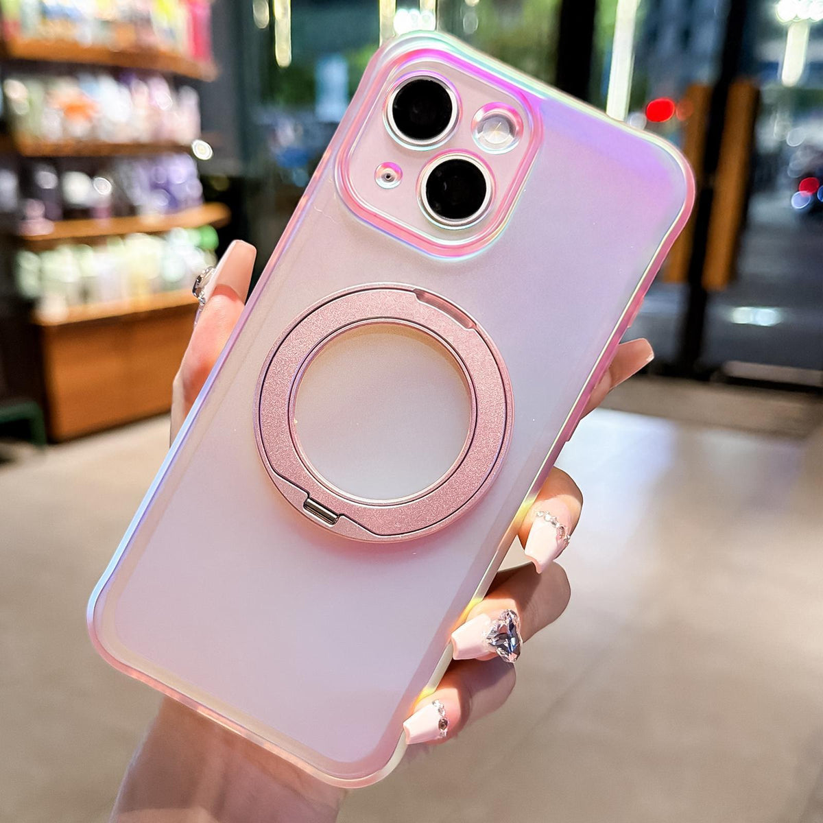 For iPhone 15 Iris Mirror Magnetic Ring Holder Phone Case - Pink - EDA009929711C