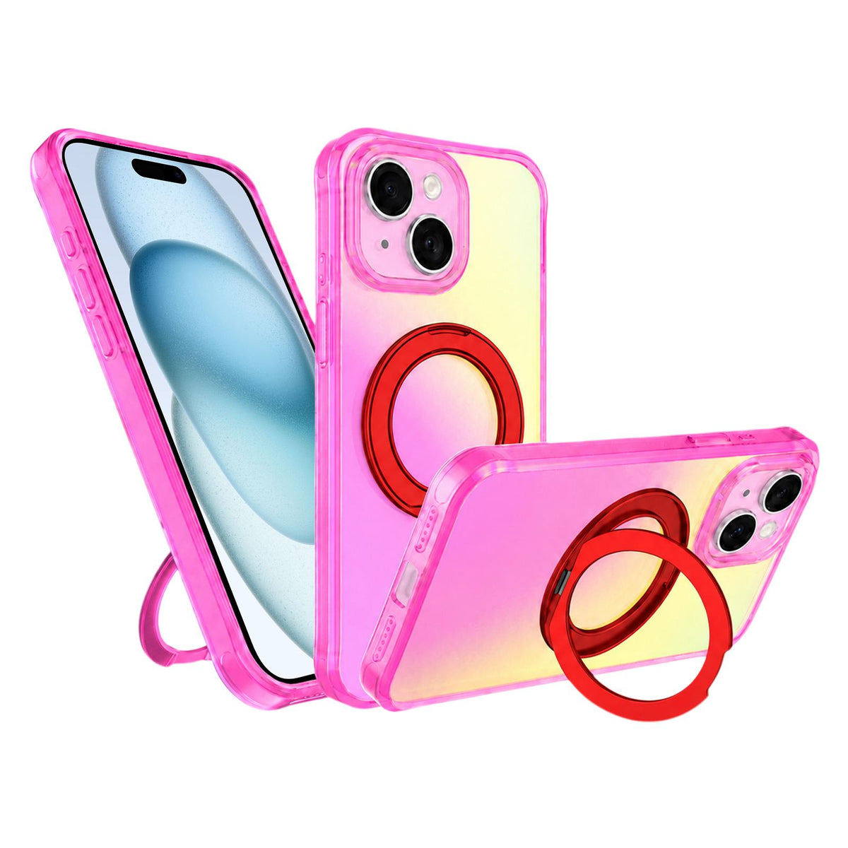 For iPhone 15 Iris Mirror Magnetic Ring Holder Phone Case - Aurora Red - EDA009929711D