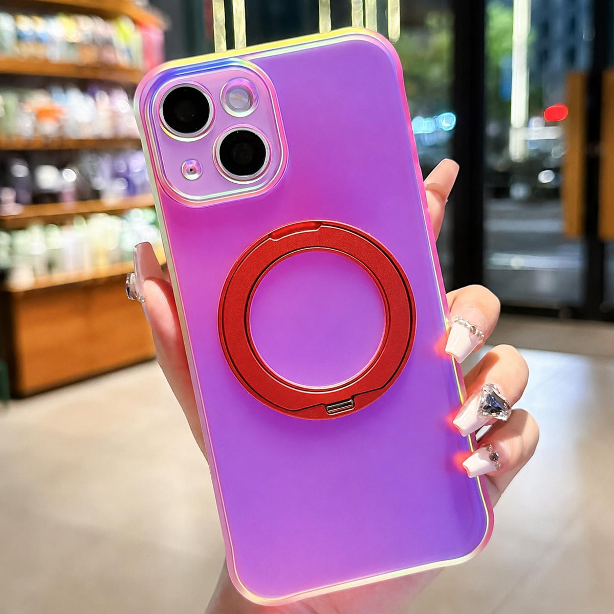 For iPhone 15 Iris Mirror Magnetic Ring Holder Phone Case - Aurora Red - EDA009929711D