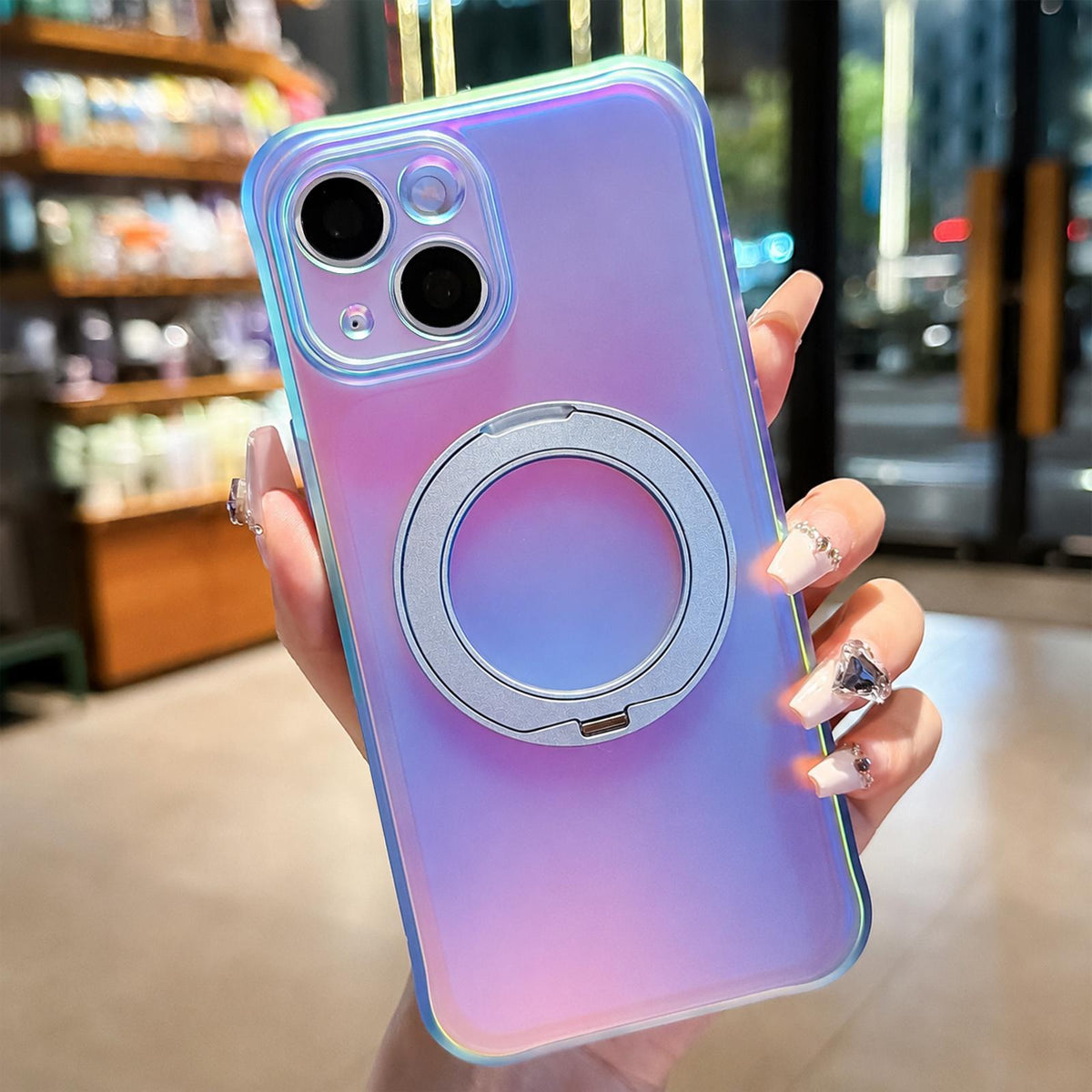 For iPhone 15 Iris Mirror Magnetic Ring Holder Phone Case - Ice Blue - EDA009929711E