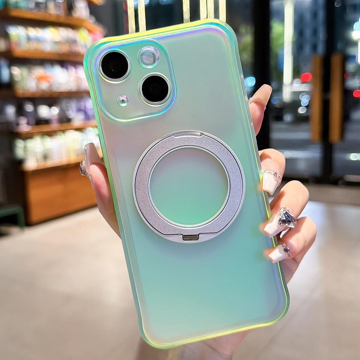 For iPhone 15 Iris Mirror Magnetic Ring Holder Phone Case - Lime - EDA009929711F