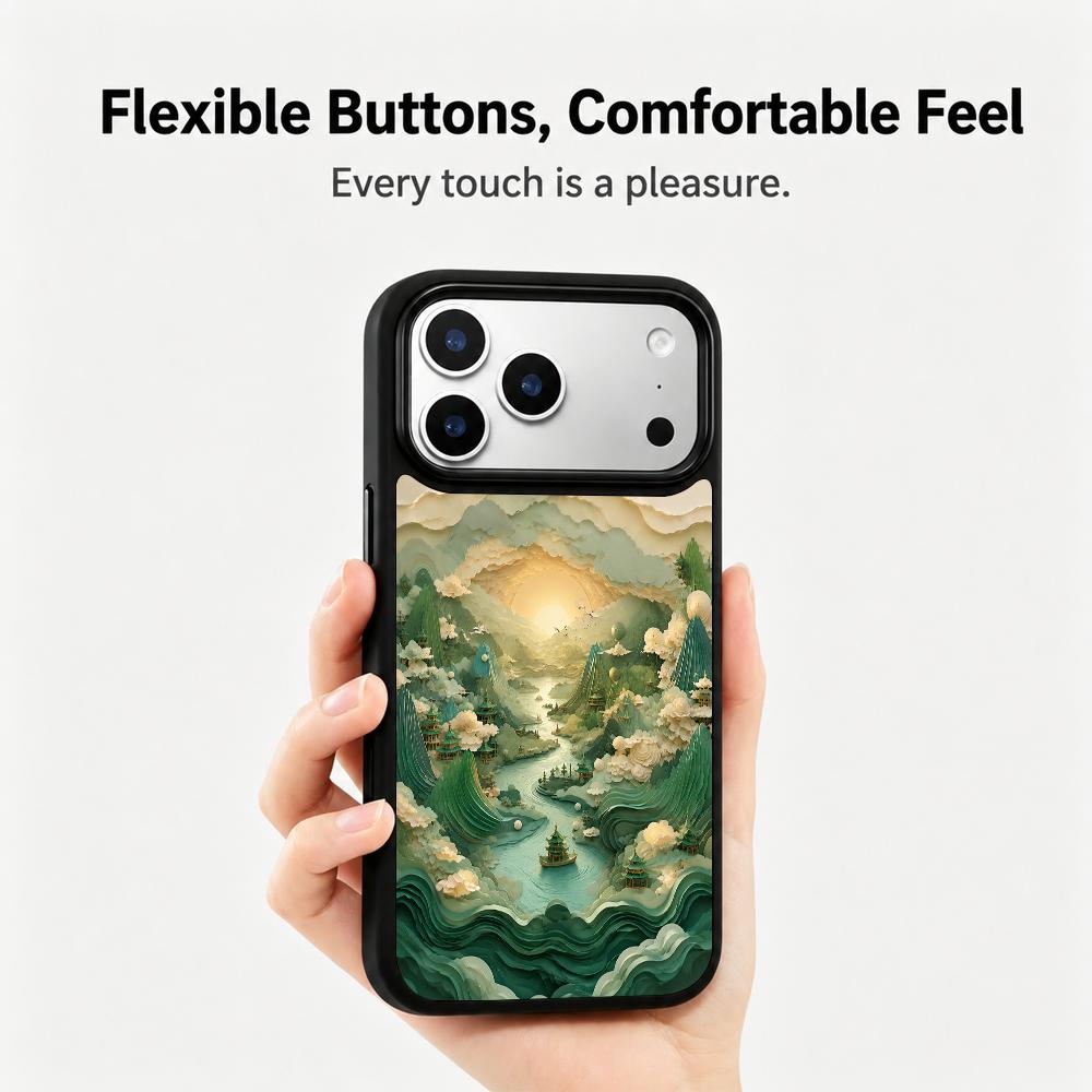 For iPhone 17 Pro Max Wood Series PC Silicone Magnetic Phone Case - Wood Celestial Creek - EDA009930701C