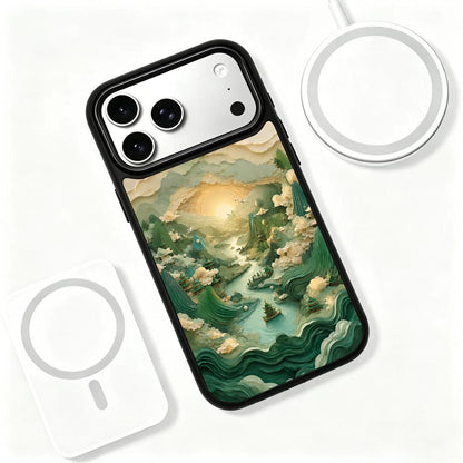 For iPhone 17 Pro Max Wood Series PC Silicone Magnetic Phone Case - Wood Celestial Creek - EDA009930701C