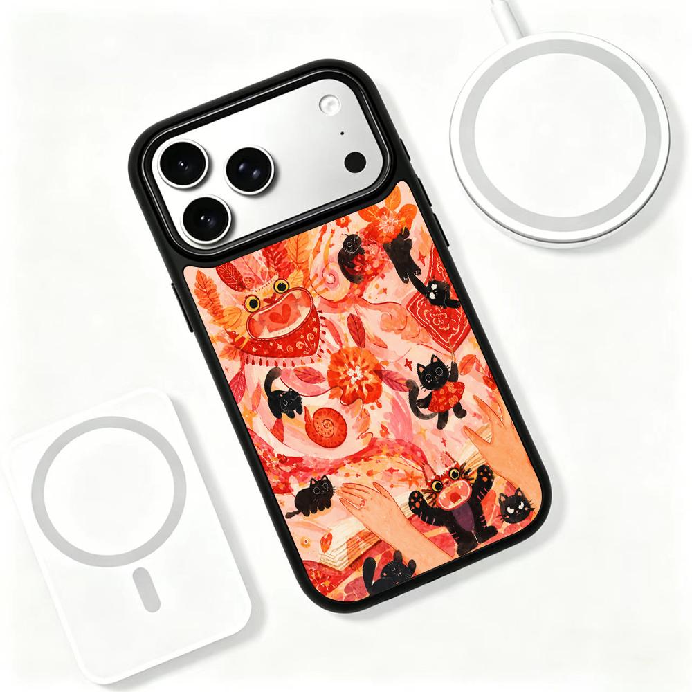 For iPhone 17 Pro Fire Series PC Silicone Magnetic Phone Case - Fiery Black Cat - EDA009931202G