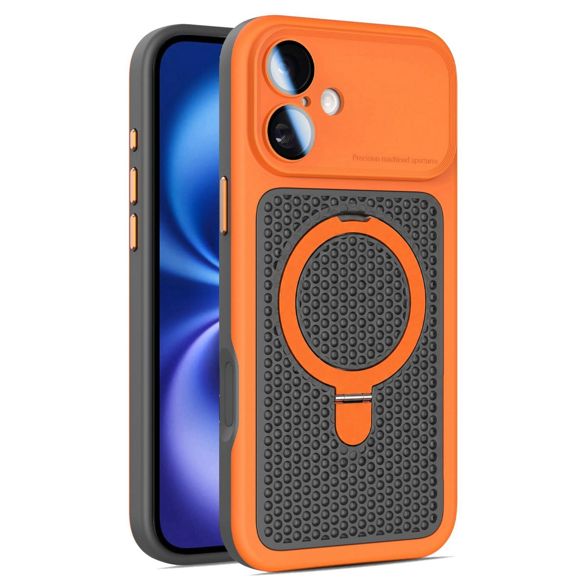 For iPhone 16 Plus Armor Shield Mesh Cooling Magnetic Holder Phone Case with Lens Film - Orange - EDA009932106A