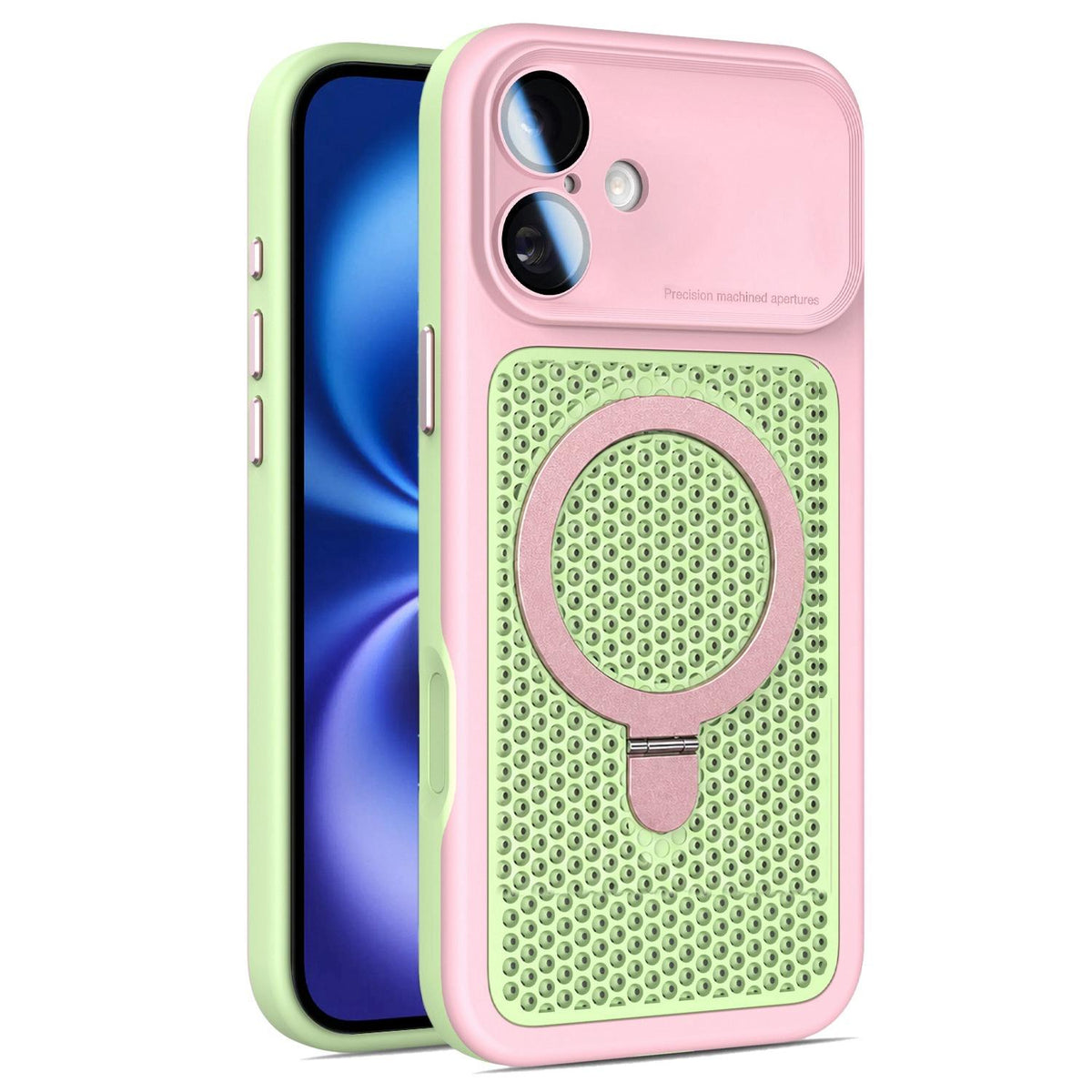 For iPhone 16 Plus Armor Shield Mesh Cooling Magnetic Holder Phone Case with Lens Film - Pink - EDA009932106B