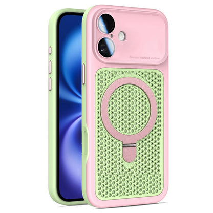 For iPhone 16 Plus Armor Shield Mesh Cooling Magnetic Holder Phone Case with Lens Film - Pink - EDA009932106B