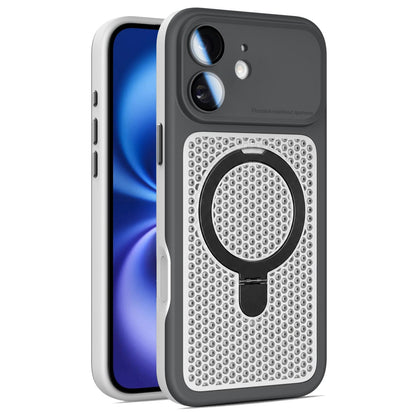 For iPhone 16 Plus Armor Shield Mesh Cooling Magnetic Holder Phone Case with Lens Film - Black - EDA009932106C