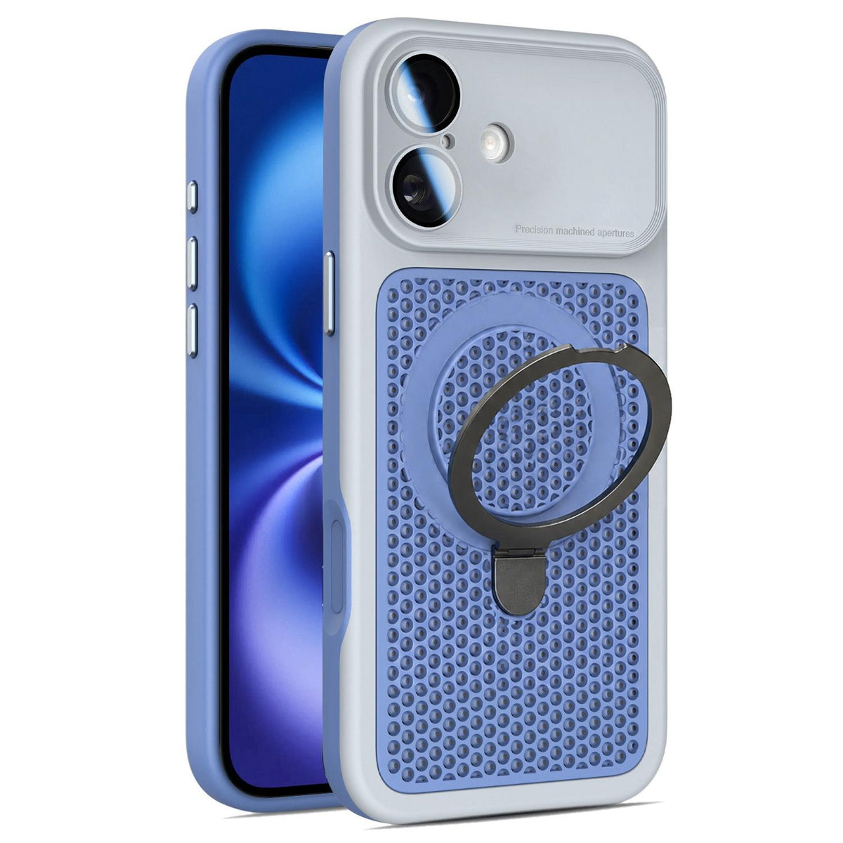 For iPhone 16 Plus Armor Shield Mesh Cooling Magnetic Holder Phone Case with Lens Film - Grey - EDA009932106D