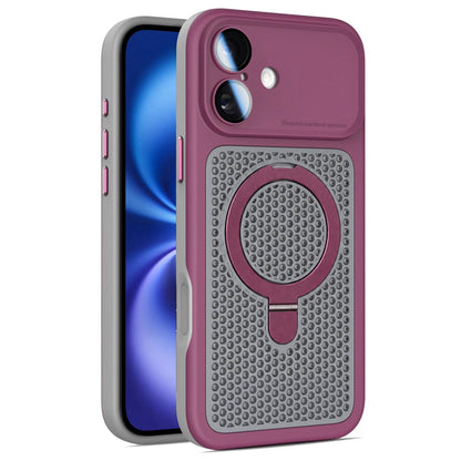 For iPhone 16 Plus Armor Shield Mesh Cooling Magnetic Holder Phone Case with Lens Film - Wine Red - EDA009932106E