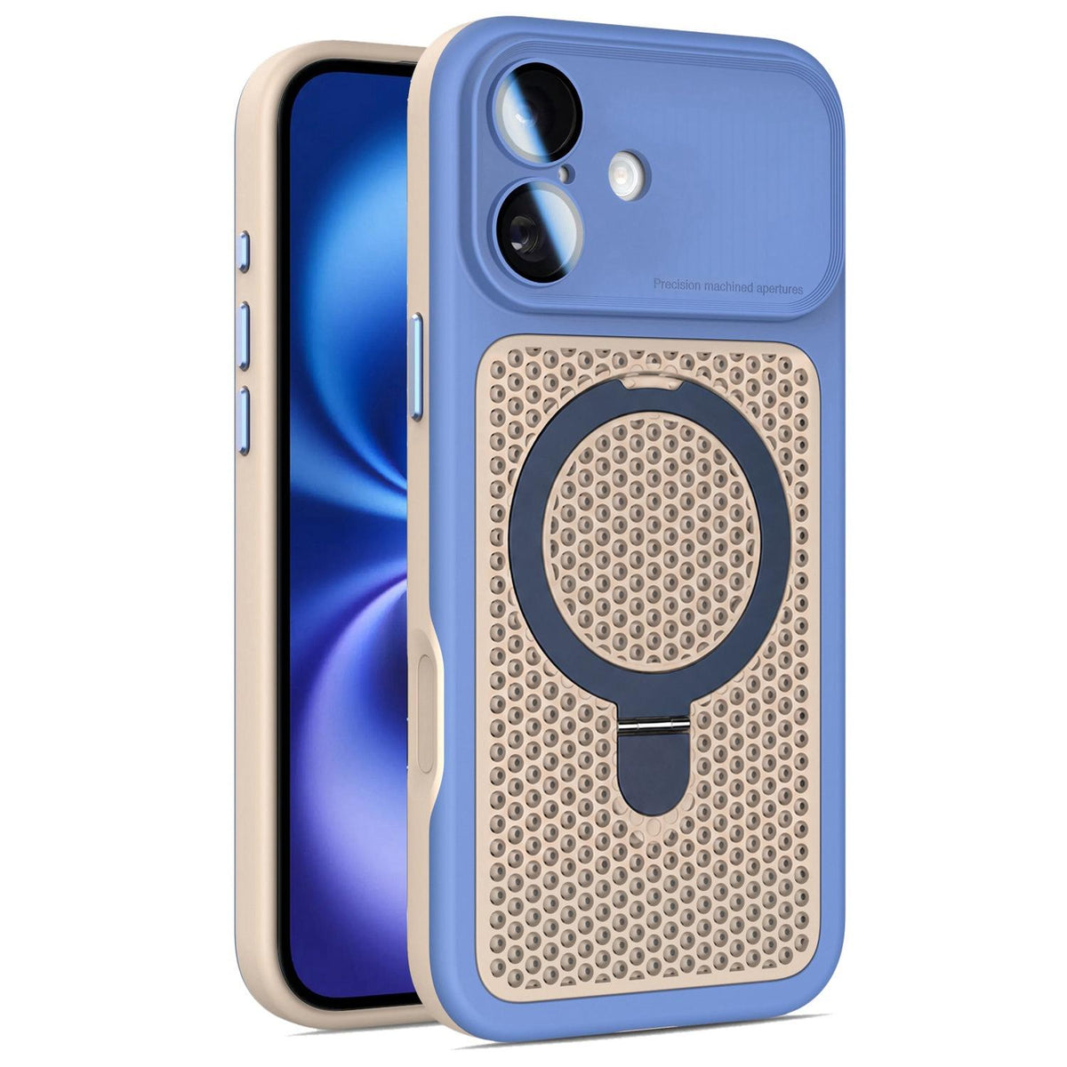 For iPhone 16 Plus Armor Shield Mesh Cooling Magnetic Holder Phone Case with Lens Film - Blue - EDA009932106F