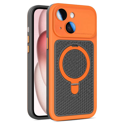 For iPhone 15 Armor Shield Mesh Cooling Magnetic Holder Phone Case with Lens Film - Orange - EDA009932111A