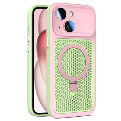 For iPhone 15 Armor Shield Mesh Cooling Magnetic Holder Phone Case with Lens Film - Pink - EDA009932111B