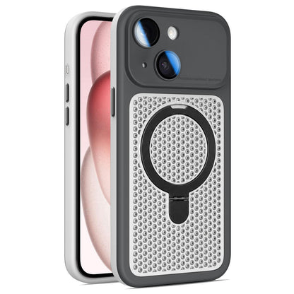 For iPhone 15 Armor Shield Mesh Cooling Magnetic Holder Phone Case with Lens Film - Black - EDA009932111C