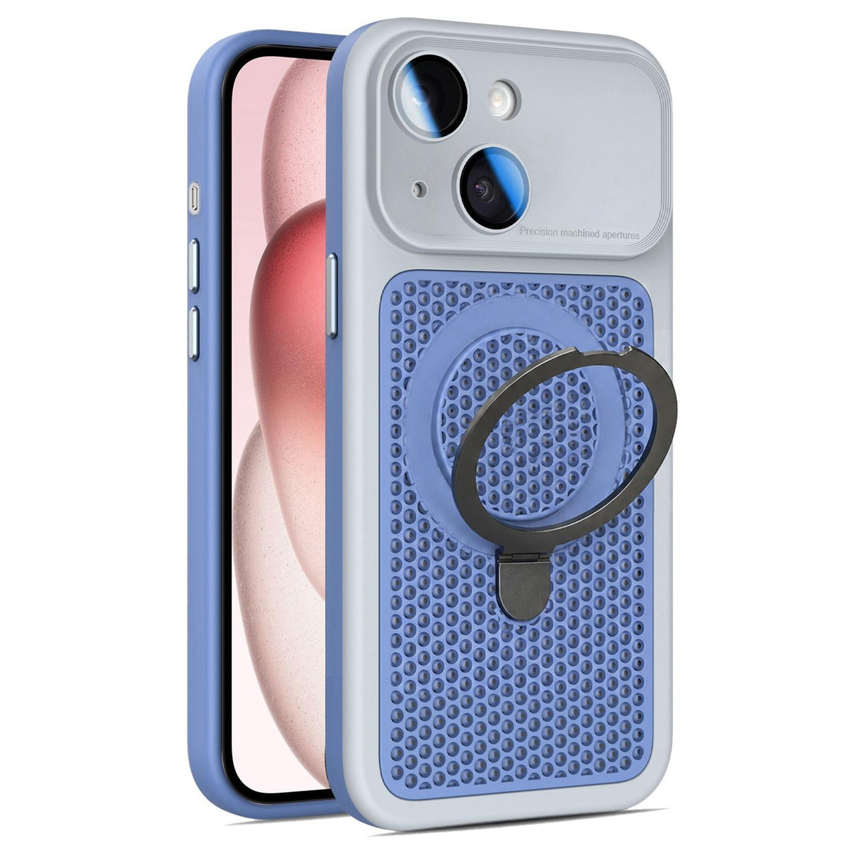 For iPhone 15 Armor Shield Mesh Cooling Magnetic Holder Phone Case with Lens Film - Grey - EDA009932111D