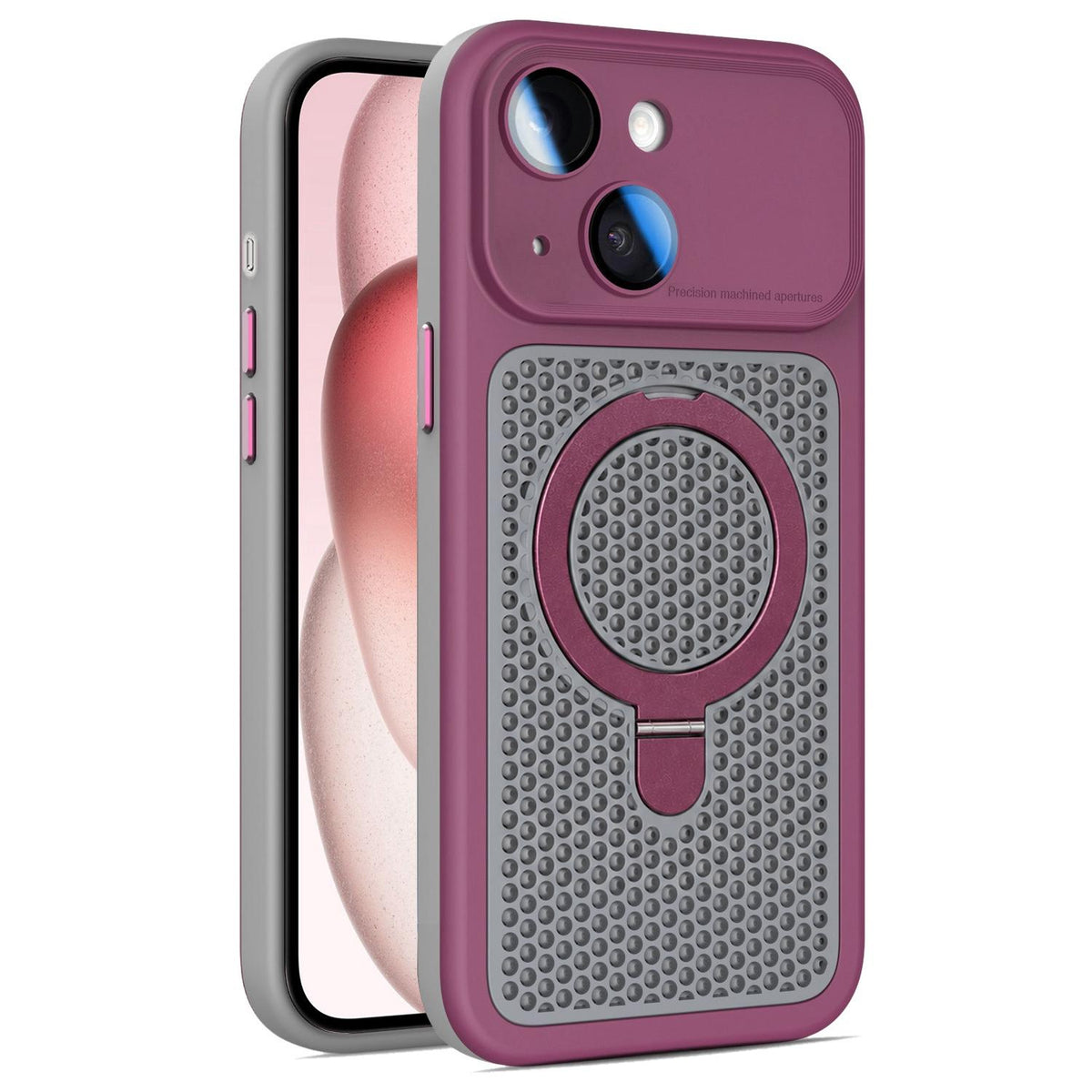 For iPhone 15 Armor Shield Mesh Cooling Magnetic Holder Phone Case with Lens Film - Wine Red - EDA009932111E
