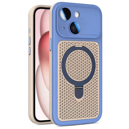 For iPhone 15 Armor Shield Mesh Cooling Magnetic Holder Phone Case with Lens Film - Blue - EDA009932111F