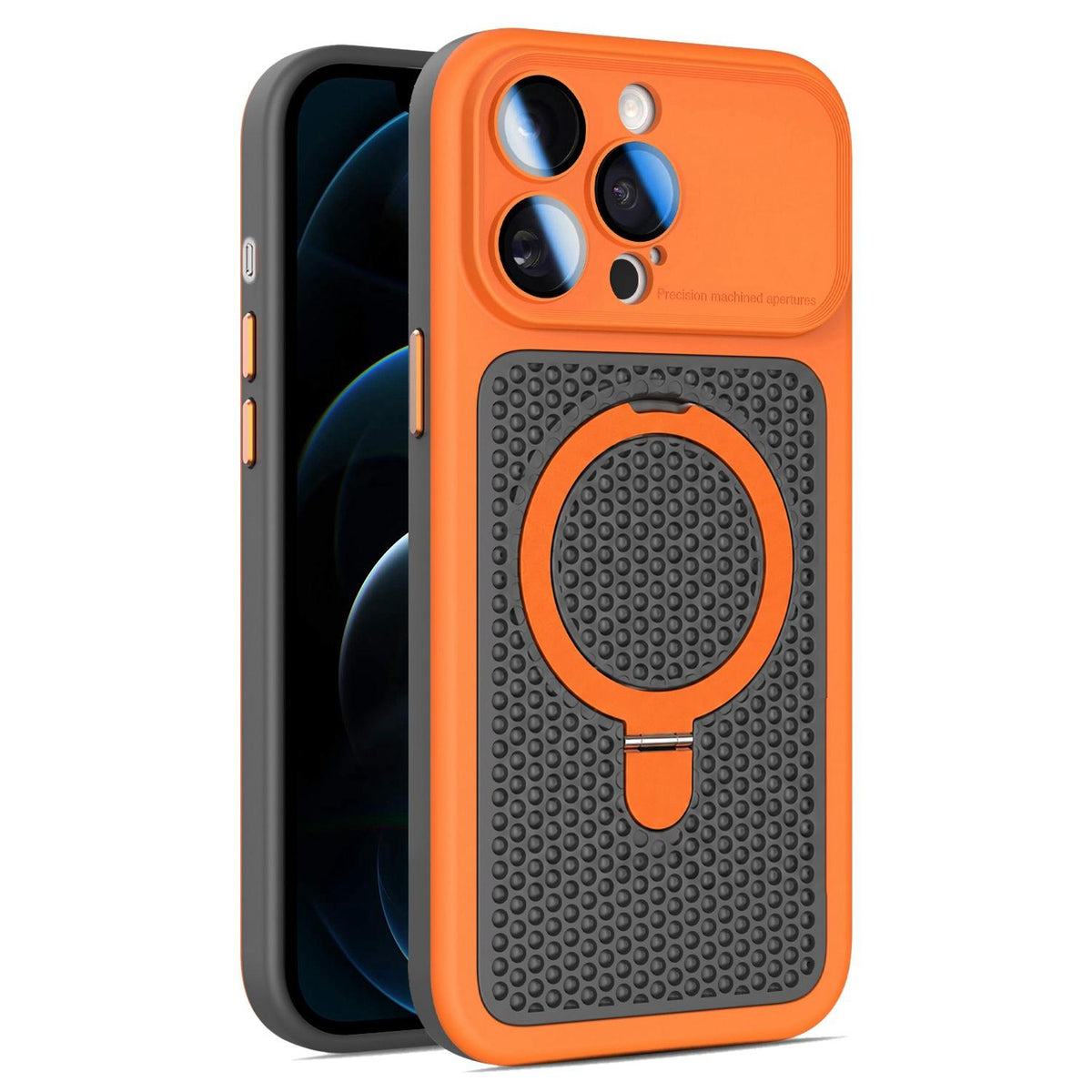 For iPhone 12 Pro Max Armor Shield Mesh Cooling Magnetic Holder Phone Case with Lens Film - Orange - EDA009932118A
