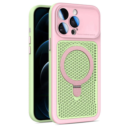 For iPhone 12 Pro Max Armor Shield Mesh Cooling Magnetic Holder Phone Case with Lens Film - Pink - EDA009932118B