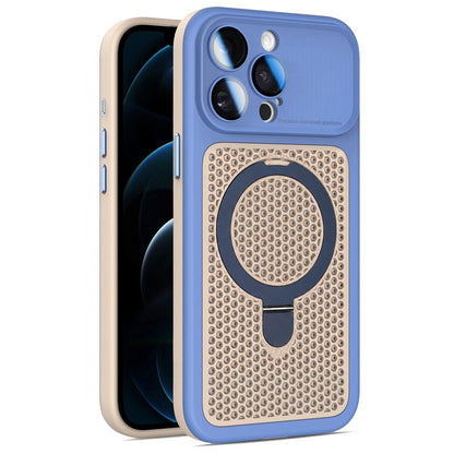 For iPhone 12 Pro Max Armor Shield Mesh Cooling Magnetic Holder Phone Case with Lens Film - Blue - EDA009932118F