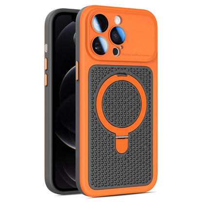 For iPhone 12 Pro Armor Shield Mesh Cooling Magnetic Holder Phone Case with Lens Film - Orange - EDA009932119A