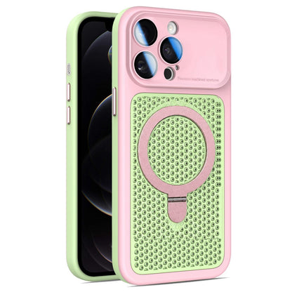 For iPhone 12 Pro Armor Shield Mesh Cooling Magnetic Holder Phone Case with Lens Film - Pink - EDA009932119B