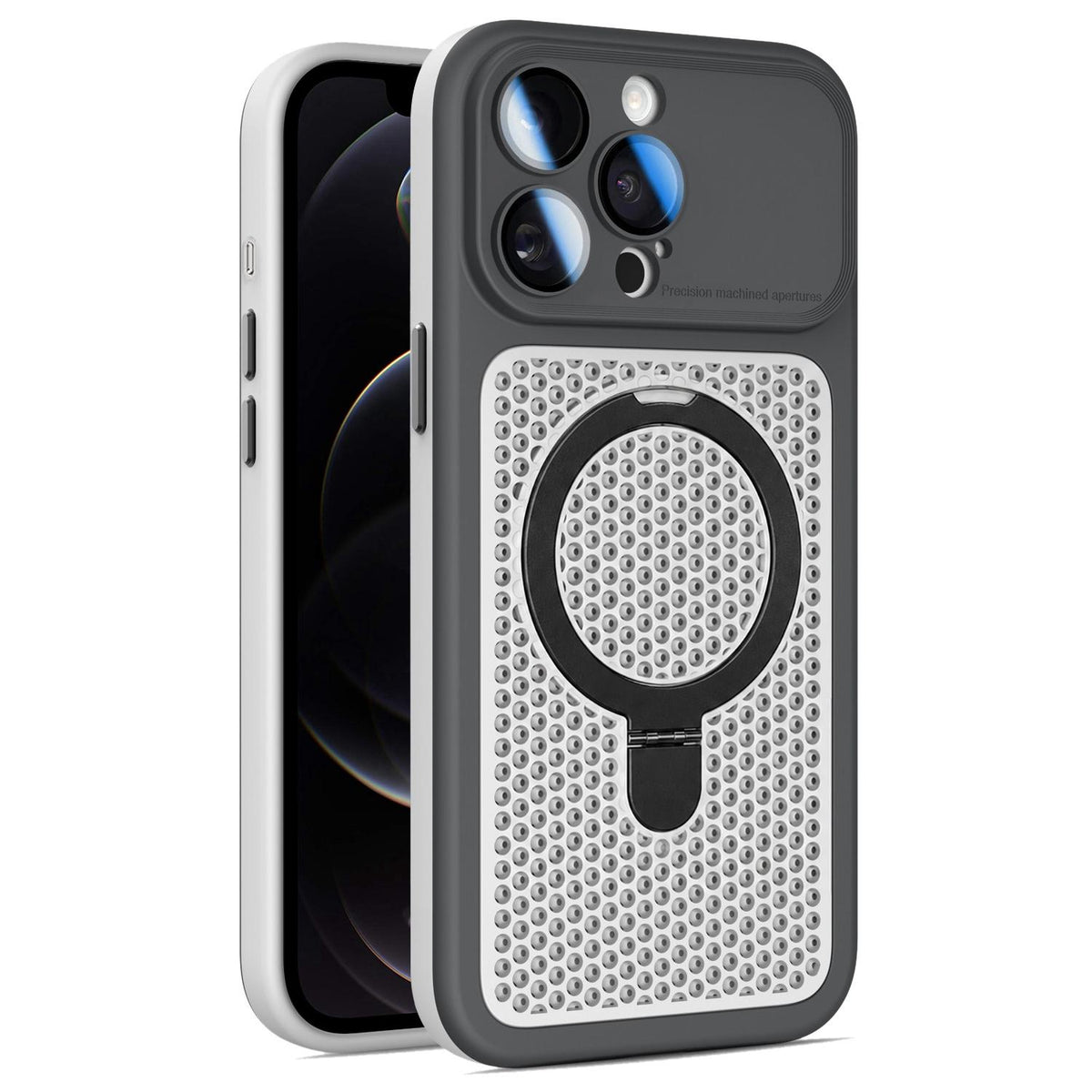 For iPhone 12 Pro Armor Shield Mesh Cooling Magnetic Holder Phone Case with Lens Film - Black - EDA009932119C