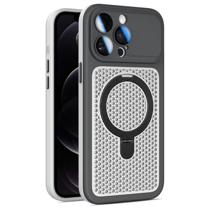 For iPhone 12 Pro Armor Shield Mesh Cooling Magnetic Holder Phone Case with Lens Film - Black - EDA009932119C