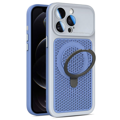 For iPhone 12 Pro Armor Shield Mesh Cooling Magnetic Holder Phone Case with Lens Film - Grey - EDA009932119D