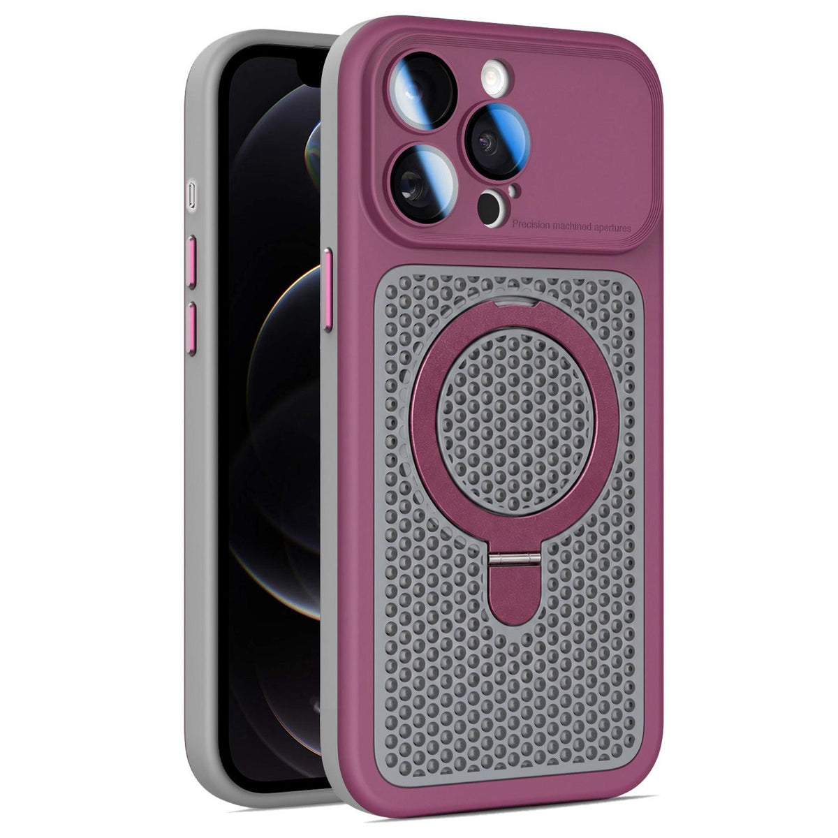 For iPhone 12 Pro Armor Shield Mesh Cooling Magnetic Holder Phone Case with Lens Film - Wine Red - EDA009932119E