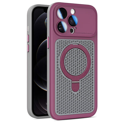 For iPhone 12 Pro Armor Shield Mesh Cooling Magnetic Holder Phone Case with Lens Film - Wine Red - EDA009932119E