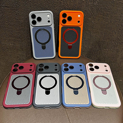 For iPhone 12 Pro Armor Shield Mesh Cooling Magnetic Holder Phone Case with Lens Film - Black - EDA009932119C