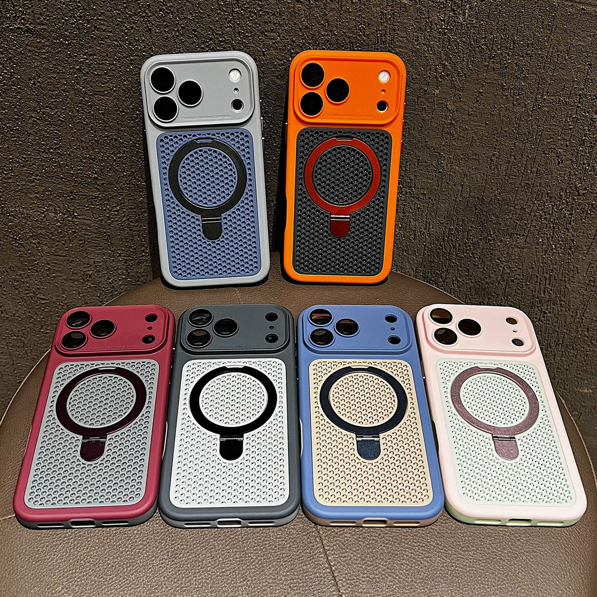 For iPhone 15 Armor Shield Mesh Cooling Magnetic Holder Phone Case with Lens Film - Orange - EDA009932111A