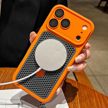 For iPhone 12 Pro Max Armor Shield Mesh Cooling Magnetic Holder Phone Case with Lens Film - Orange - EDA009932118A