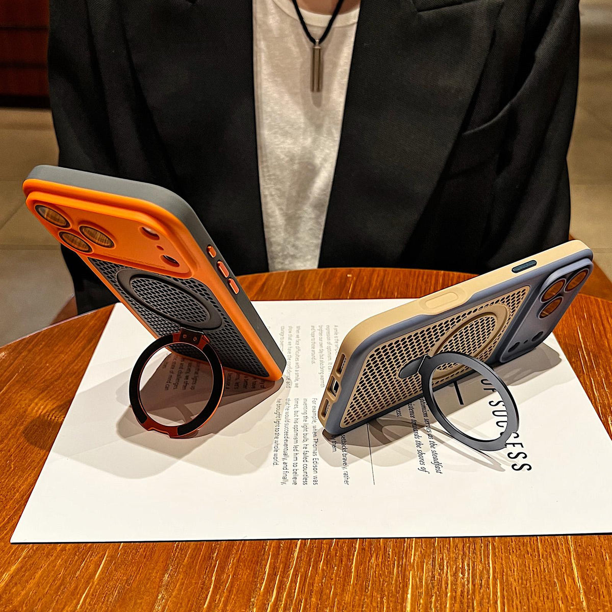 For iPhone 15 Armor Shield Mesh Cooling Magnetic Holder Phone Case with Lens Film - Orange - EDA009932111A