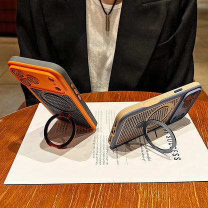 For iPhone 16 Plus Armor Shield Mesh Cooling Magnetic Holder Phone Case with Lens Film - Orange - EDA009932106A