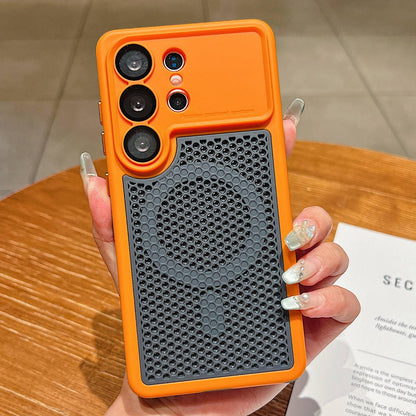 For Galaxy S25 Ultra 5G Armor Shield Mesh Cooling Magnetic Phone Case with Lens Film - Orange - EDA009932402A