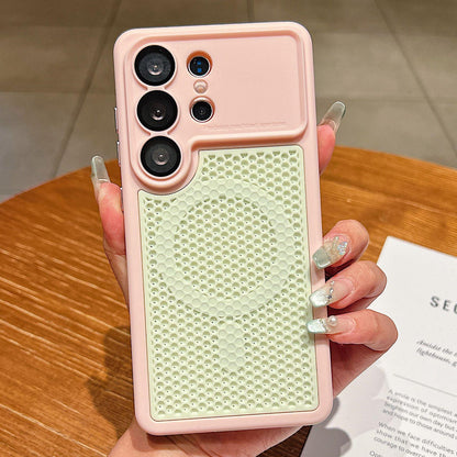 For Galaxy S25 Ultra 5G Armor Shield Mesh Cooling Magnetic Phone Case with Lens Film - Pink - EDA009932402B