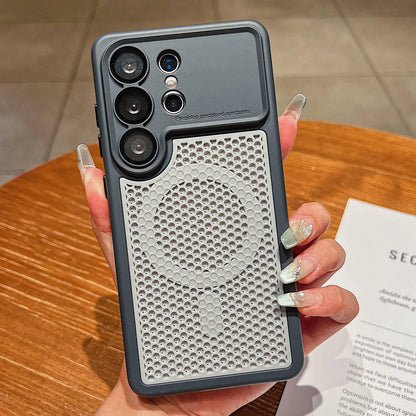 For Galaxy S25 Ultra 5G Armor Shield Mesh Cooling Magnetic Phone Case with Lens Film - Black - EDA009932402C