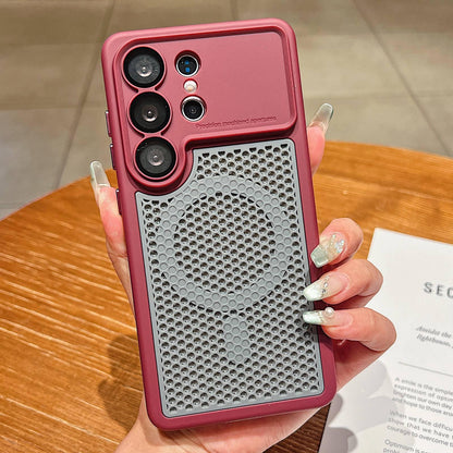 For Galaxy S25 Ultra 5G Armor Shield Mesh Cooling Magnetic Phone Case with Lens Film - Wine Red - EDA009932402E