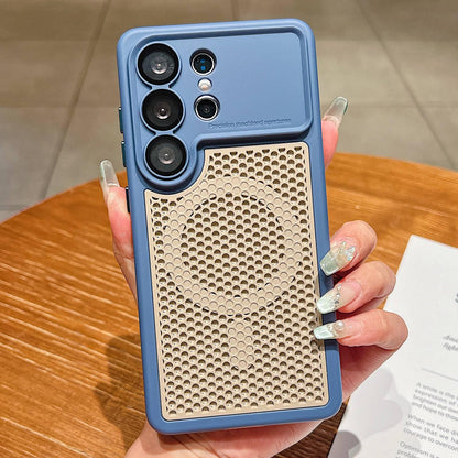For Galaxy S25 Ultra 5G Armor Shield Mesh Cooling Magnetic Phone Case with Lens Film - Blue - EDA009932402F